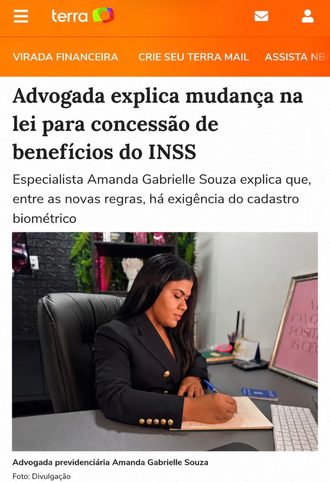 Dra. Amanda Gabrielle Souza — matéria em Portal Terra